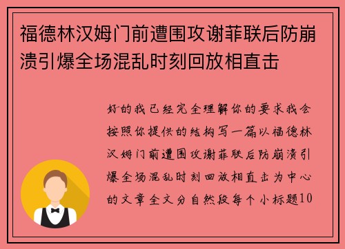 福德林汉姆门前遭围攻谢菲联后防崩溃引爆全场混乱时刻回放相直击